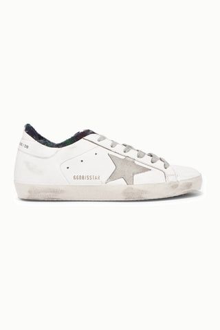 Golden Goose + Superstar Distressed Flannel-Lined Leather Sneakers
