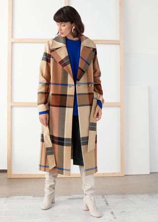 & Other Stories + Plaid Wool Blend Belted Long Coat