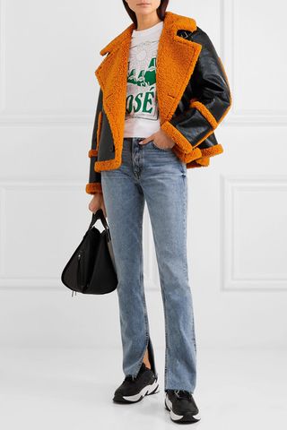 Stand + Lilli Faux Shearling-Trimmed Glossed Faux-Leather Jacket