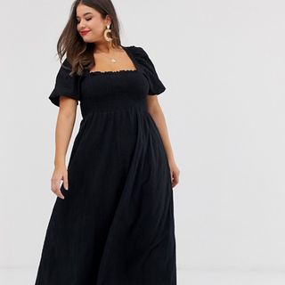 ASOS Design + Shirred Bustier Maxi Dress With Puff Sleeve