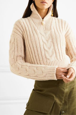 Nanushka + Eria Cropped Faux Pearl-Embellished Cable-Knit Sweater