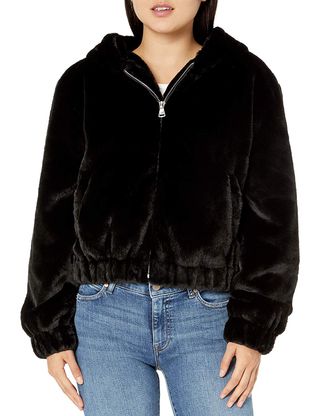The Drop + Sloane Faux Fur Zip Front Hooded Bomber Jacket