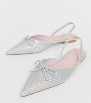 ASOS Design + Lefty Pointed Ballet Flats in Silver Glitter