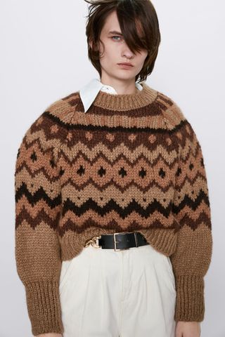 Zara + Wool Blend Jacquard Sweater