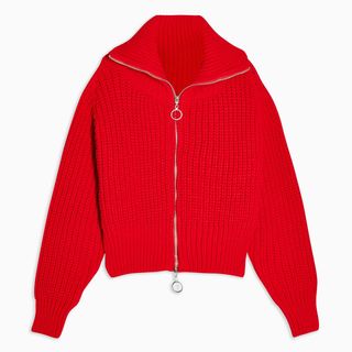 Topshop + Red Zip Through Knitted Jumper