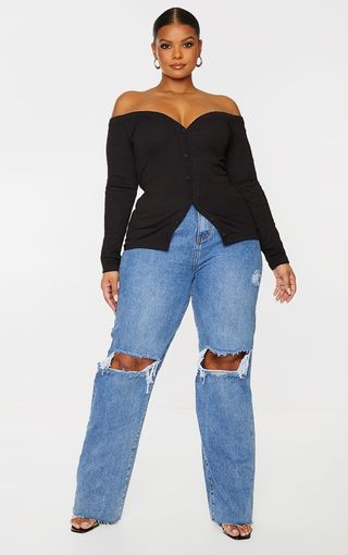 Pretty Little Thing + Black Off Shoulder Button Through Top