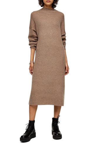 Topshop + Ribbed Long Sleeve Funnel Neck Midi Sweater Dress