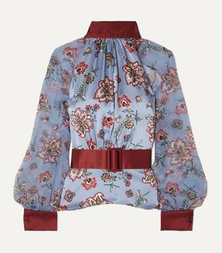 Harmur + Belted Floral-Print Silk-Satin and Silk-Chiffon Blouse