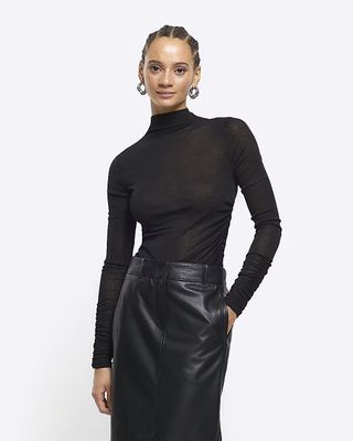River Island + Black Mesh Ruched Long Sleeve Top