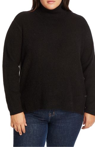 1.State + Side Button Waffle Stitch Turtleneck Sweater