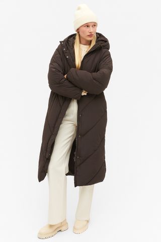 Monki + Brown Long Puffer Coat