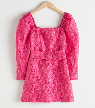& Other Stories + Belted Puff Sleeve Jacquard Mini Dress