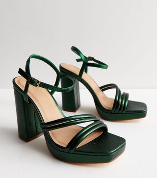 New Look + Dark Green Metallic Platform Block Heel Sandals
