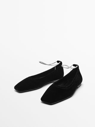 Massimo Dutti + Ballet Flats With Rhinestone Ankle Strap