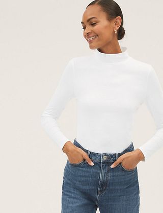 Marks and Spencer + Cotton Rich Funnel Neck Long Sleeve Top