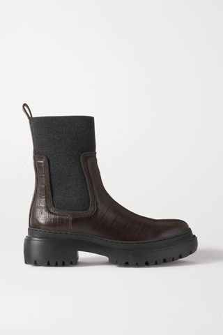 Brunello Cucinelli + Bead-Embellished Cashmere-Trimmed Croc-Effect Leather Chelsea Boots