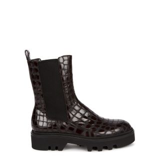 Dries Van Noten + Dark Brown Crocodile-Effect Leather Ankle Boots
