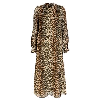 Ganni + Pleated Georgette Leopard Dress