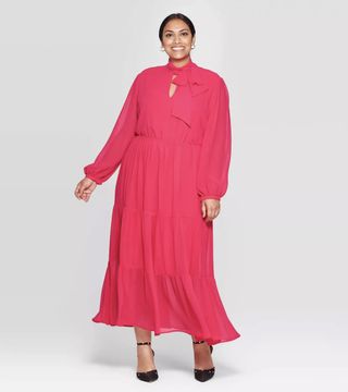 Who What Wear + Long Sleeve Round Neck Romantic Maxi Dress