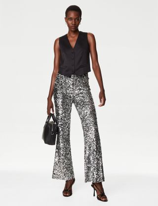 M&S Collection + Velvet Sequin Slim Fit Flared Trousers