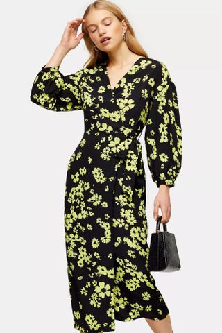 Topshop + Green Daisy Print Drama Sleeve Wrap Dress