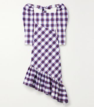 Pushbutton + Asymmetric Ruffled Checked Cotton-Poplin Midi Dress