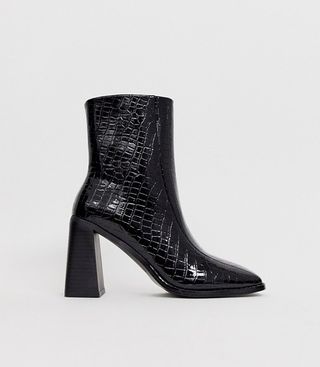 Boohoo + Flared Heel Boots With Square Toe In Black Croc