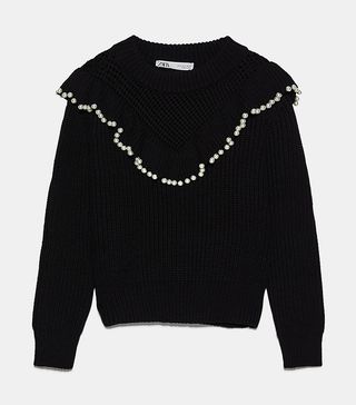 Zara + Ruffled Sweater With Faux Pearl