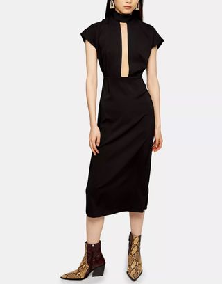 Topshop + Black Plunge Tie-Neck Midi Dress