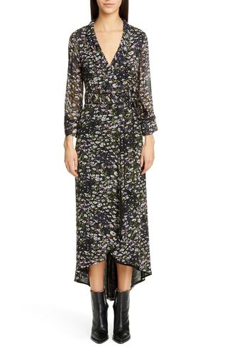 Ganni + Floral Print Georgette Midi Wrap Dress