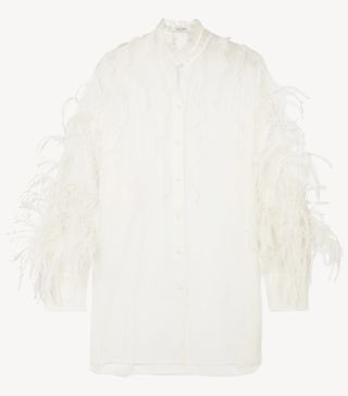 Valentino + Feather-Trimmed Ruffled Silk-Organza Blouse