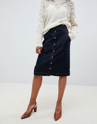 Selected Femme + High Waisted Denim Button Through Midi Skirt