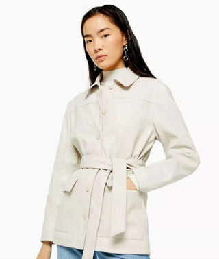 Topshop + Ecru Faux Leather Tie Shacket