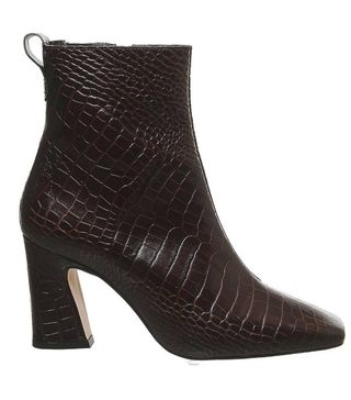 Office + Advantage Square Toe Block Heel Boots Choc Croc Leather