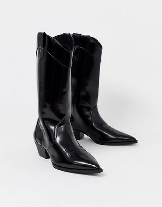 ASOS Design + Capricorn Western Pull-On Knee Boots in Black