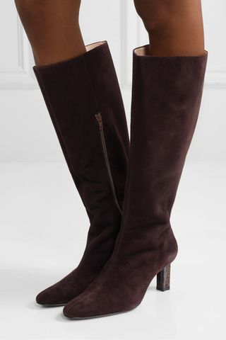 Staud + Benny Snake-Effect Leather-Trimmed Suede Knee Boots