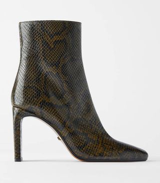 Zara + Snakeskin Print Leather High-Heel Ankle Boots