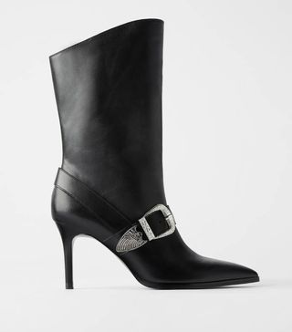 Zara + Leather High-Heel Boots With Cowboy Buckle