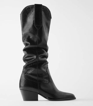 Zara + Embossed Animal Print Leather Cowboy Heel Boots