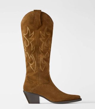 Zara + Split Suede Cowboy Heels Boots