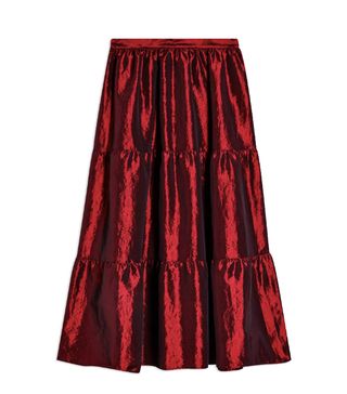 Topshop + Burgundy Taffeta Tiered Midi Skirt