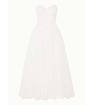 Monique Lhuillier + Brie Strapless Ruched Swiss-Dot Tulle Gown