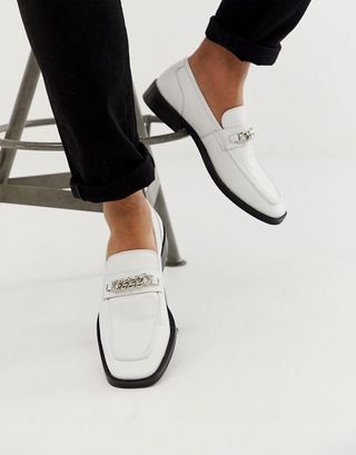 ASOS + Square Toe Loafers in White with Chain