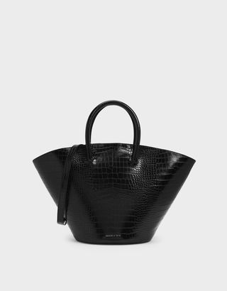Charles & Keith + Black Croc-Effect Large Trapeze Tote