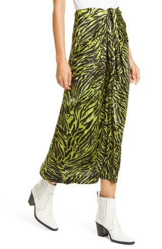 Ganni + Leopard Print Silk Satin Midi Skirt