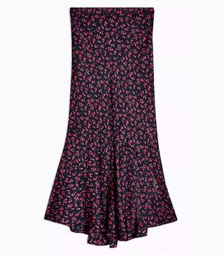 Topshop + Black Ditsy Floral Flounce Midi Skirt