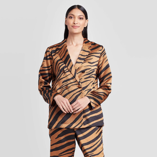 Who What Wear x Target + Animal Print Long Sleeve V-Neck Silky Blazer Blouse