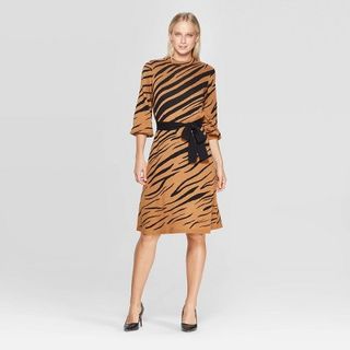 Who What Wear x Target + Animal Print 3/4 Sleeve High Neck Intarsia Sweater Mini Dress