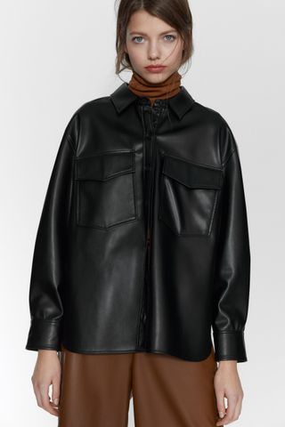 Zara + Faux Leather Shirt With Pockets