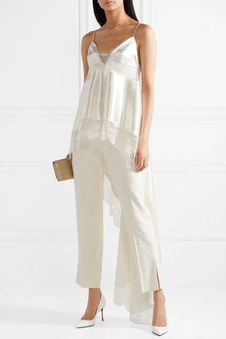 Danielle Frankel + Chantilly Lace-Trimmed Silk and Wool-Blend Tapered Pants